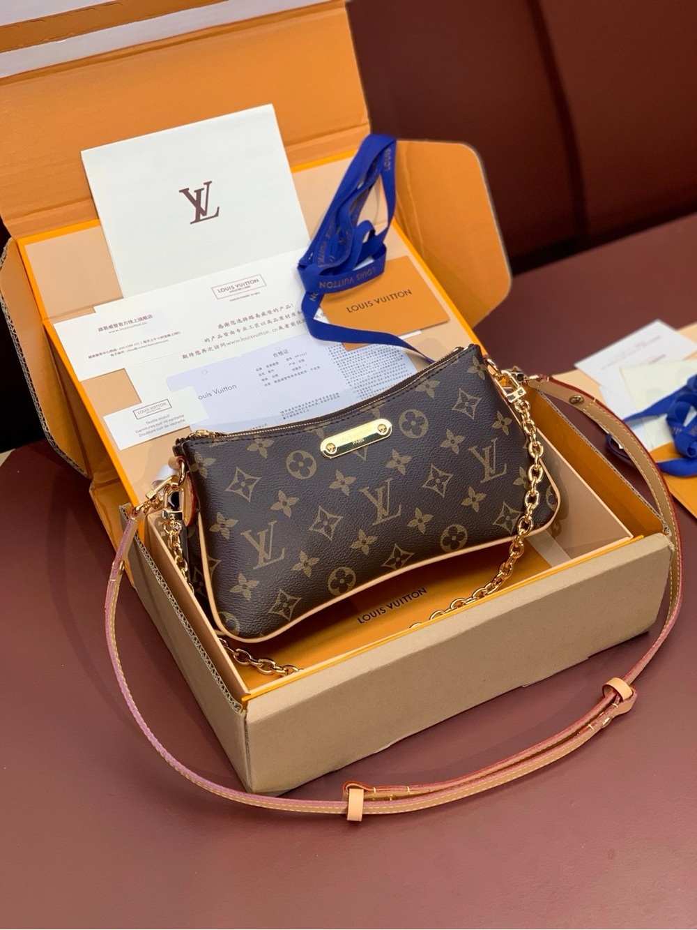 Louis Vuitton Brown Monogram Mini Pochette with Gold Chain